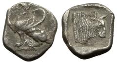 Abdera AR Triobol, c. 450-400 BC Abdera , Thrace. AR Triobol (11 mm, 1.25 g), c. 450-400 BC. Obv. Griffin seated left, raising right paw. Rev. Bull's head in quadratum incusum. May, Abdera, 188. Toned