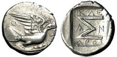 Sicyon Triobol, ex BCD Sicyon , Sicyonia. AR Triobol (15 mm, 2.47 g), c. 90s-60s BC. Obv. Dove flying right with olive sprig in beak; Θ above tail. Rev. Large Σ; KΛEANΔPOC around. BMC 195. Very pleasa