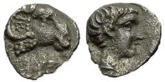 Halikarnassos (?) AR Hemiobol, ram's head / head of youth Halikarnassos (?), Caria. AR Hemiobol (7 mm, 0.35 g), c. 380-350 BC. Obv. Ram's head right. Rev. Youthful head right. SNG Keckman 867; Klein K