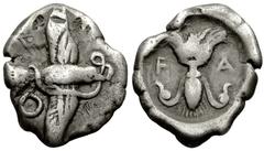 Olympia AR Stater, c. 450 BC, ex BCD Olympia , Elis. AR Stater (22-26 mm, 11.80 g), c. 450 BC. Obv. Eagle flying right with wings above and below his body, grasping snake; four small countermarks arou