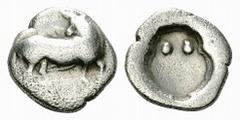 Sybaris AR Diobol, c. 520-500 BC Sybaris , Lucania. AR Diobol (10 mm, 1.00 g), c. 520-500 BC. Obv. Bull right, looking back. Rev.Incuse amphora. SNG ANS 858. Rare. Cleaned. Fine / very fine.