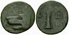 Argos Dichalkon, 3rd-2nd Century, ex BCD Argos , Peloponnesos. AE Dichalkon (16 mm, 2.50 g), c. late 3rd to early 2nd Century BC. Obv. Wolf's head left. Rev. Pillar fountain between helmet and heta. B