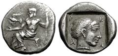 Mantineia Hemidrachm, Zeus Lykaios / head of Kallisto, extremely rare, ex BCD and Rhousopoulos Mantineia , Peloponnesos. AR Hemidrachm (15 mm, 2.92 g), c. 420s BC. Obv. Zeus Lykaios, seated left on lo