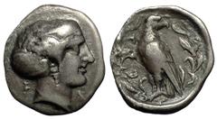 Olympia Hemidrachm, head of Olympia / eagle, ex BCD and extremely rare Olympia , Elis. Hera Mint. AR Hemidrachm (15-17 m, 2.73 g), 360 BC (the 105th Olympiad). Obv. Head of nymph Olympia right, wearin