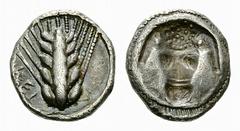 Metapontum Diobol, c. 520-500 BC Lucania. Metapontum. AR Diobol (1.31 g), c. 520-500 BC. Obv. MET-AP (retrograde), Ear of barley. Rev. Incuse bucranion. Noe I, 294 (same obverse die); SNG ANS 272: Rar