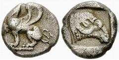 Abdera AR Diobol, 5th Century BC Abdera , Thrace. AR Diobol (11 mm, 1.52 g), c. 5th Century BC. Obv. Griffin seated left. Rev. Ram's head right in rectangular incuse. May -; Weber -; SNG Cop. -; Evelp