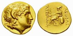 Lysimachos AV Stater, Parium mint Kings of Thrace. Lysimachos (323-281 BC). AV Stater (8.56 g), Parium mint, c. 294-281 BC. Obv. Head of Alexander right with diadem and horns Zeus Ammon. Rev. Athena N