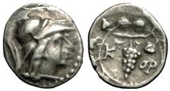 Korone AR Hemidrachm, ex Weber and BCD collections Korone , Messenia. AR Hemidrachm (13-15 mm, 2.49 g), c. first half of 1st Century BC. Obv. Helmeted head of Athena right. Rev. Bunch of grapes betwee