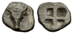Lamponeia AR Hemiobol, facing bukranion / incusum Lamponeia , Troas. AR Hemiobol (7-8 mm, 0.43 g), c. 500-475 BC. Obv. Facing bukranion. Rev. Quadripartite incuse square. SNG München 2648. Klein KM 31
