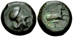 Aitna AE Tetras, c. 354/3-344 BC Sicily, Aitna . AE Tetras (25 mm, 18.21 g), c. 354/3-344 BC. Obv. [AITNA], Head of Athena to right, wearing Corinthian helmet. Rev. Horse with trailing rein prancing r