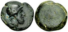 Lipara AE Tetras, c. 420-400, rare Islands off Sicily, Lipara. AE Tetras (26-28 mm, 23.41 g), c. 420-400. Obv. Bearded head of Aeolus right, wearing pileus. Rev. [LIPARAION retrograde around three pel