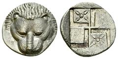 Pantikapaion AR Diobol, c. 450-438/7 BC Cimmerian Bosporos, Pantikapaion. AR Diobol (12-13 mm, 1.77 g), c. 450-438/7 BC. Obv. Facing lion’s head: Rev. Quadripartite incuse square of swastika pattern, 