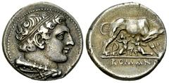 Anonymous AR Didrachm, Hercules/she-wolf suckling twins The Roman Republic. Anonymous . AR Didrachm (21 mm, 6.93 g), Neapolis (?) after 276 BC. Obv. Head of Hercules right, hair bound with ribbon, wit