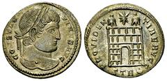 Constantinus I. AE Nummus, campgate reverse, Trier Constantine I 'the Great' (306-337 AD). AE Nummus (18-19 mm, 3.14 g), Treveri, c. 326 AD. Obv. CONSTANTINVS AVG, Laureate head to right. Rev. PROVIDE