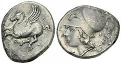 Corinth AR Stater, c. 320 BC Corinthia, Corinth. AR Stater (19-22 mm, 8.41 g), c. 320 BC. Obv. Pegasos flying left, koppa below. Rev. Helmeted head of Athena left; Δ-I across field; behind, herm with 