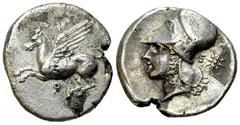 Corinth AR Stater, c. 300 BC Corinth, Corinthia. AR Stater (20-21 mm, 8.35 g), c. 300 BC. Obv. Pegasos flying left, Ϙ below. Rev. Head of Athena left, wearing laureate corinthian helmet; behind, E and