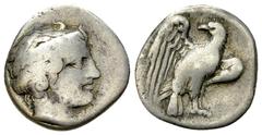 Olympia AR Hemidrachm, the 103rd Olympiad Olympia, Hera mint. AR Hemidrachm (14-16 mm, 2.76 g), 368 BC (the 103rd Olympiad). Obv. Head of Hera right, wearing stephane bearing the letters F A Λ E I O N