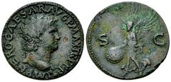 Nero AE As, Lugdunum mint Nero (54-68 AD). AE As (27-28 mm, 10.79 g), 66-68 AD, Lugdunum. Obv. IMP NERO CAESAR AVG P MAX TR P P P, Bare head right, globe at point of bust. Rev. Victory flying left, ho
