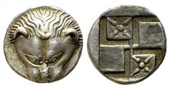 Pantikapaion AR Diobol, c. 450-438/7 BC Cimmerian Bosporos, Pantikapaion. AR Diobol (12-13 mm, 1.77 g), c. 450-438/7 BC. Obv. Facing lion’s head. Rev. Quadripartite incuse square of swastika pattern, 