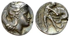 Tarentum AR Diobol, c. 380-325 BC Calabria, Tarentum. AR Diobol (12 mm, 0.99 g), c. 380-325 BC. Obv. Head of Athena right, wearing crested Attic helmet decorated with hippocamp; tiny A below chin. Rev