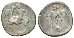 Himera AR Hemidrachm, c. 450-420 BC Sicily, Himera. AR Hemidrachm (14-15 mm, 1.93 g), c. 450-420 BC. Obv. Nude rider, holding conch shell and caduceus, on goat running left. Rev. Nike flying left, hol