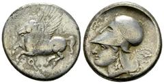 Corinth AR Stater, c. 375-300 BC Corinthia, Corinth. AR Stater (21-22 mm, 8.31 g), c. 375-300 BC. Obv. Pegasus flying left; Koppa below. Rev. Head of Athena left, wearing Corinthian helmet; behind, fl
