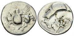 Corinth AR Stater, c. 375-300 BC, minting error Corinthia, Corinth. AR Stater (22 mm, 8.44 g), c. 375-300 Obv. Pegasus flying left; Koppa. Rev. Head of Athena left, wearing Corinthian helmet; [behind,