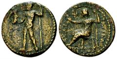 Patrai Tetrachalkon, extremely rare Achaia, Achaian League. Patrai. AE Tetrachalkon (18-19 mm, 4.76 g), c. 188-146 BC. Obv. Zeus standing left, holding Nike and scepter. Rev. AXAIΩN ΠATPEΩN, Female fi