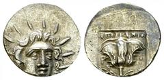 Rhodos AR Hemidrachm, c. 125-88 BC Islands off Caria, Rhodos. AR Hemidrachm (12 mm, 1.31 g), c. 125-88 BC. Apollonios, magistrate. Obv. Radiate head of Helios facing, slightly right. Rev. AΠOΛΛONIOΣ, 