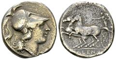 Cales AR Didrachm, c. 265-240 BC Campania, Cales. AR Didrachm (20-21 mm, 6.68 g), c. 265-240 BC. Obv. Head of Athena to right, wearing crested Corinthian helmet; behind head, sword. Rev. CALENO, Victo