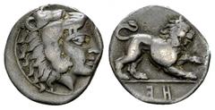 Herakleia AR Diobol, c. 432-420 BC, rare Lucania, Herakleia. AR Diobol (11-12 mm, 1.18 g), c. 432-420 BC. Obv. Head of Herakles left, wearing lion skin headdress. Rev. Lion advancing left; HE (retrogr