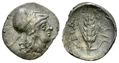 Metapontum AR Diobol, c. 325-275 BC Lucania, Metapontum. AR Diobol (12 mm, 0.93 g), c. 325-275 BC. Obv. Helmeted head of Athena to right. Rev. META, Grain ear with leaf to right. Johnston F21. Somewha