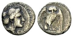 Velia AR Obol, c. 300-280 BC, rare Lucania, Velia. AR Obol (10 mm, 0.87 g), c. 300-280 BC. Obv. Head of nymph to right, wearing sakkos. Rev. [ΥΕΛΗ], Owl with outstretched wings in three-quarter view r