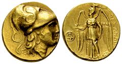 Alexander 'the Great' AV Stater, Tyre Kings of Macedon. Alexander III. 'the Great' (336-323 BC). AV Stater (17-18 mm, 8.58 g), Tyre, posthumous issue, c. 305-290 BC. Obv. Helmeted head of Athena to ri