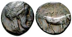 Tyra AE Hemiobol, c. 350-300 BC Skythia, Tyra. AE Hemiobol (18 mm, 6.21 g), c. 350-300 BC. Obv. Laureate head of Tyras to right. Rev. TYPA, Bull standing right. Anokhin 2-3; SNG BM Black Sea 338. Scar