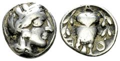 Athens AR Hemidrachm, c. 454-404 BC Attica, Athens. AR Hemidrachm (12-13 mm, 2.07 g), c. 454-404 BC. Obv. Helmeted head of Athena right, with frontal eye. Rev. A - Θ - Ǝ, Owl standing facing between t