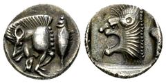 Kyzikos AR Diobol, c. 480 BC Mysia, Kyzikos. AR Diobol (11 mm, 1.10 g), c. 480 BC. Obv. Forepart of boar to left, tunny behind. Rev. Head of lion to left. SNG France 376; Von Fritze, Nomisma IX, Kyzik