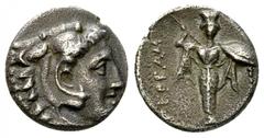 Pergamon AR Diobol, c. 310-282 BC Mysia, Pergamon. AR Diobol (11 mm, 1.23 g), c. 310-282 BC. Obv. Head of Herakles to right, wearing lion skin. Rev. ΠEPΓAM, Athena Promachos standing facing. SNG Franc