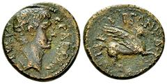 Caligula AE21, Corinth Caligula (37-41 AD). AE21 (6.69 g), Achaea, Corinth, 37-38 AD. Obv. C CAESAR AVG, Bare head to right. Rev. P VIPSANIO AGRIPPA IIV CO, Pegasus flying to right. RPC 1172; BCD Kori