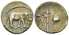 C. Iulius Caesar AR Denarius, 49-48 BC C. Julius Caesar. AR Denarius (18 mm, 3.72 g), 49-48 BC., military mint moving with Caesar. Obv. CAESAR, Elephant walking to right, trampling dragon. Rev. Pontif