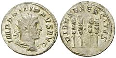 Philip I AR Antoninianus, Fides Exercitus reverse Philippus I Arabs (244-249 AD). AR Antoninianus (21-22 mm, 3.57 g), Rome, 247-249. Obv. IMP PHILIPPVS AVG, radiate, draped and cuirassed bust to right
