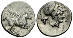 Corinth AR Stater, c. 415-345 BC Corinthia, Corinth. AR Stater (22–23 mm, 8.36 g), c. 415–345 BC. Obv. Pegasos flying right, koppa below. Rev. Helmeted head of Athena to right, behind, two owls; above