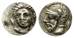 Tarsos AR Obol, c. 380-361 BC Cilicia, Tarsos. AR Obol (9 mm, 0.73 g), c. 380-361/0 BC. Obv. Head of a female facing slightly to left. Rev. Bearded male head (of Ares?) to left, wearing crested Attic 