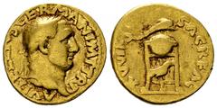 Vitellius Aureus, Tripod-lebes reverse Vitellius (69 AD). Aureus (18-19 mm, 7.06 g). Rome mint, c. late April-20 December AD 69. Obv. A VITELLIVS GERMAN IMP TR P, Laureate head to right. Rev. XV VIR S