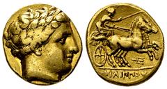 Philippos II AV Stater, Amphipolis mint Kings of Macedon. Philip II (359-336 BC). AV Stater (17 mm, 8.50 g), Amphipolis mint, c. 340/336-328 BC. Obv. Laureate head of Apollo to right. Rev. Charioteer 