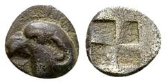 Kyme AR Hemiobol, c. 480-450 BC Aeolis, Kyme. AR Hemiobol (8 mm, 0.43 g), c. 480-450 BC. Obv. Head of eagle left, K below. Rev. Quadripartite incuse square. SNG Aulock 1623. Darkly toned. Very fine.