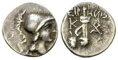 Kaunos AR Hemidrachm, c. 166-100 BC Caria, Kaunos. AR Hemidrachm (12 mm, 1.28 g), c. 166-100 BC. Obv. Head of Athena right, wearing crested Corinthian helmet. Rev. Sword in sheath with strap between K