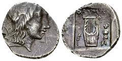 Olympos AR Hemidrachm Olympos, Lycia. Pseudo-League Coinage. AR Hemidrachm (16 mm, 2.50 g), c. 167-81 BC. Obv. Laureate head of Apollo right. Rev. OΛYMΠ, Lyre; palm branch and trophy in field. Troxell