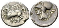 Ancient Coins Corinth AR Stater, c. 375-300 BC Corinthia, Corinth. AR Stater (19-21 mm, 8.43 g), c. 375-300 BC. Obv. Pegasos flying left; koppa below. Rev. Helmeted head of Athena to left, behind, E a