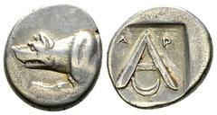 Ancient Coins Argos AR Triobol, c. 330-270 BC Argolis, Argos. AR Triobol (13-15 mm, 2.72 g), c. 330-270 BC. Obv. Forepart of wolf to left. Rev. Large A in shallow incuse, A-P above, crescent below. BC
